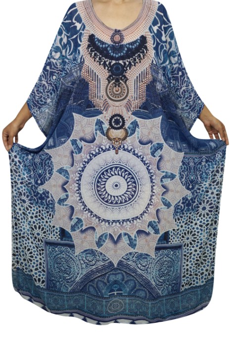 F4750 Maxi Tribal Print Scoop Neck Casual Blue Dress Cover Up